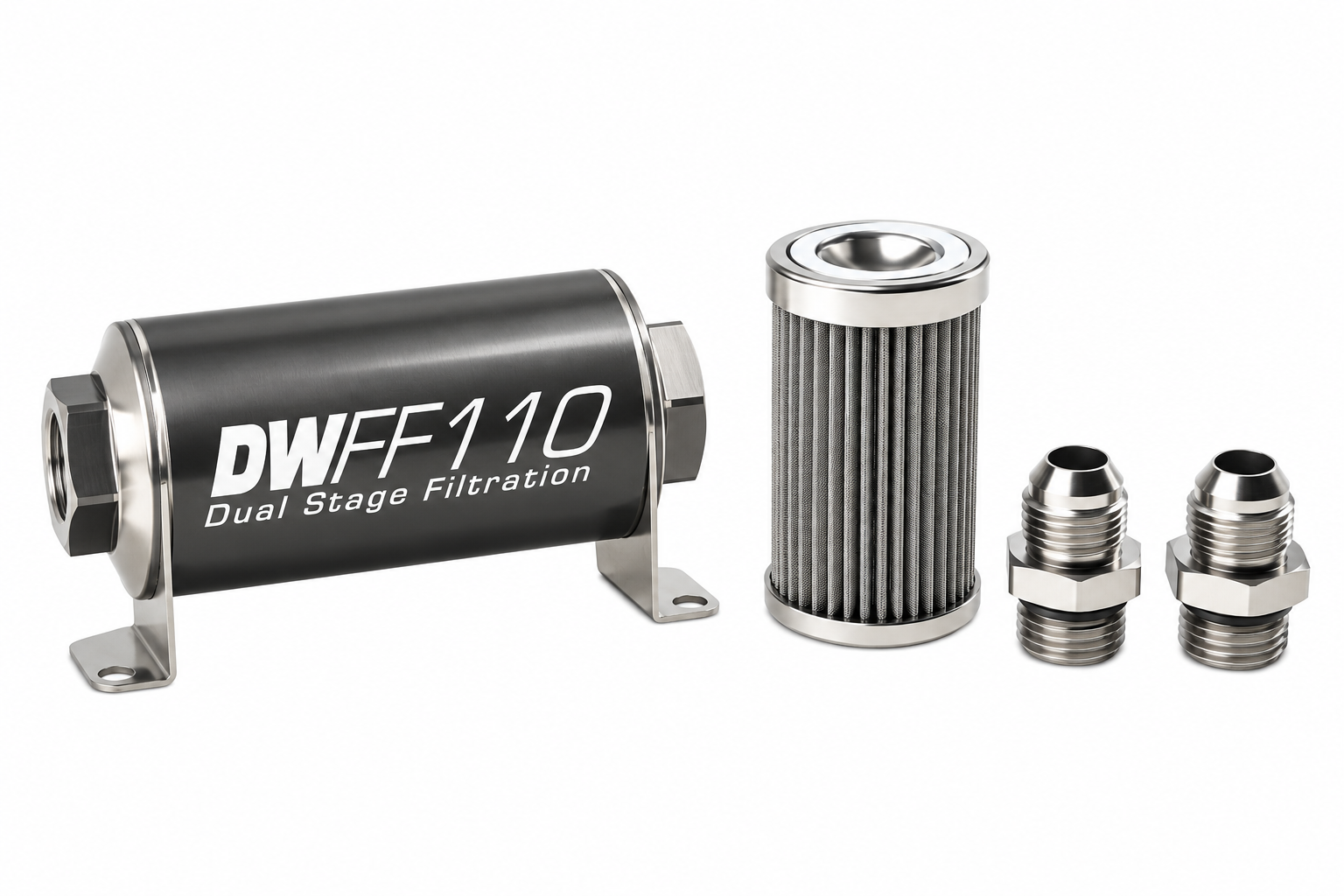 DeatschWerks 110mm Stainless Steel 10AN 100-Micron Inline Fuel Filter Housing Kit
